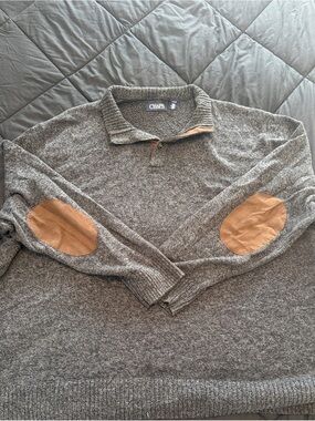 Chaps Men's Gray Zip-Up Sweater with Tan Elbow Patches